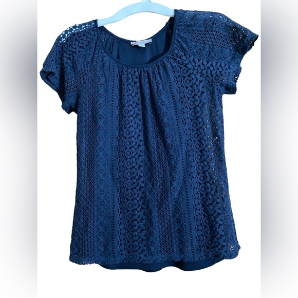 Dressbarn open weave lined lace navy blue short sleeve eyelet small - Picture 2 of 4